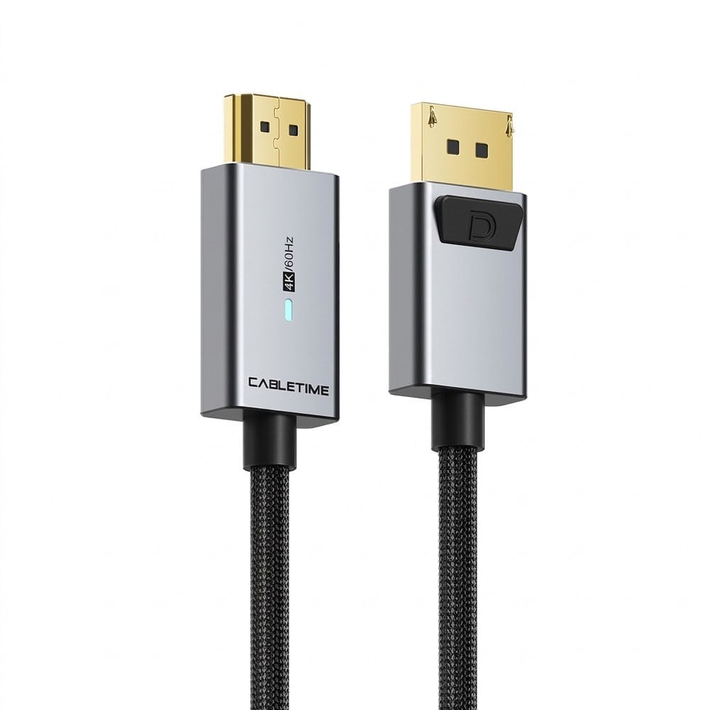Cable DisplayPort a HDMI CABLETIME 1.8 mts 4K 60Hz Seguro Latch LED Indicador Nylon Trenzado CD30K