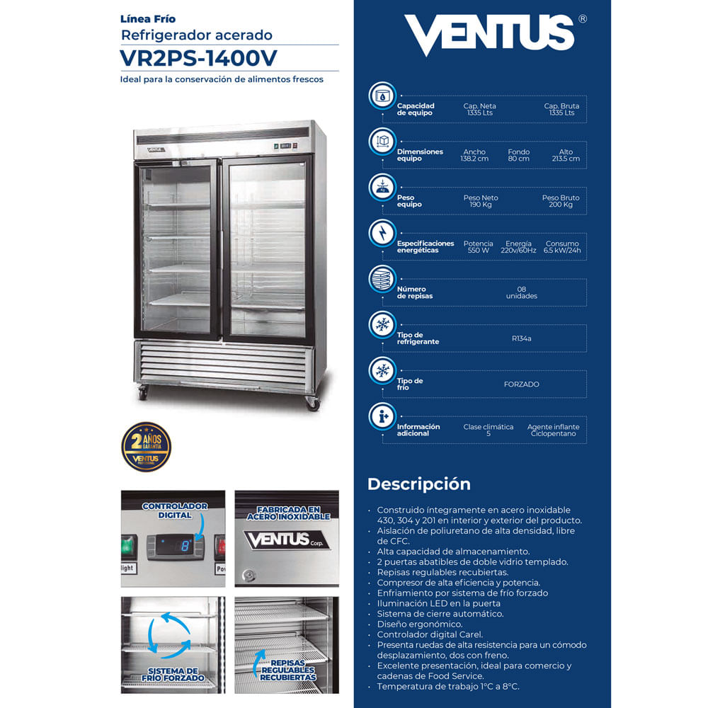 Refrigerador 2 puertas de vidrio Acero Inox. VR2PS-1400V