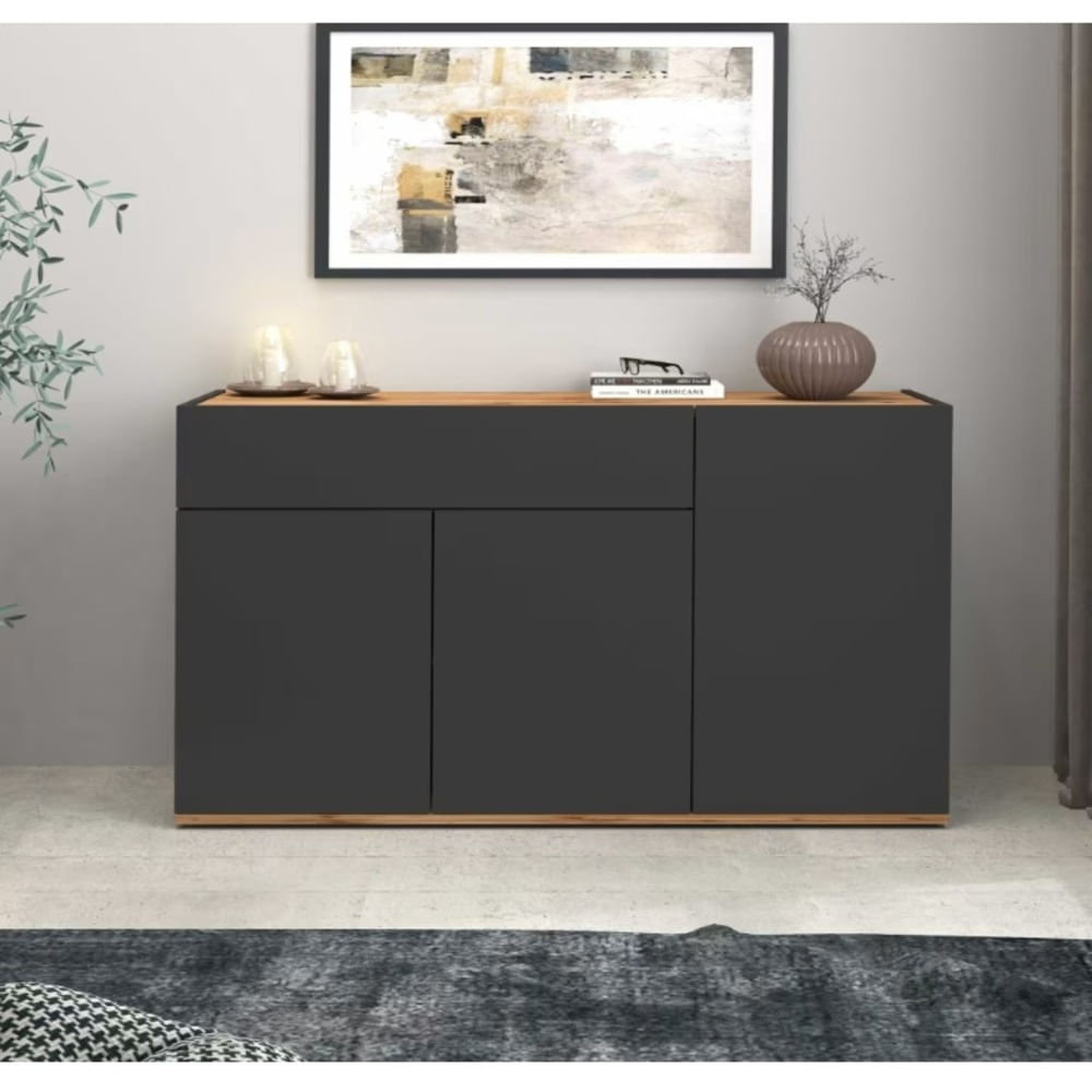 Aparador Moderno Met 3 Puertas 1 Cajón Negro y Duna RyR MUEBLES