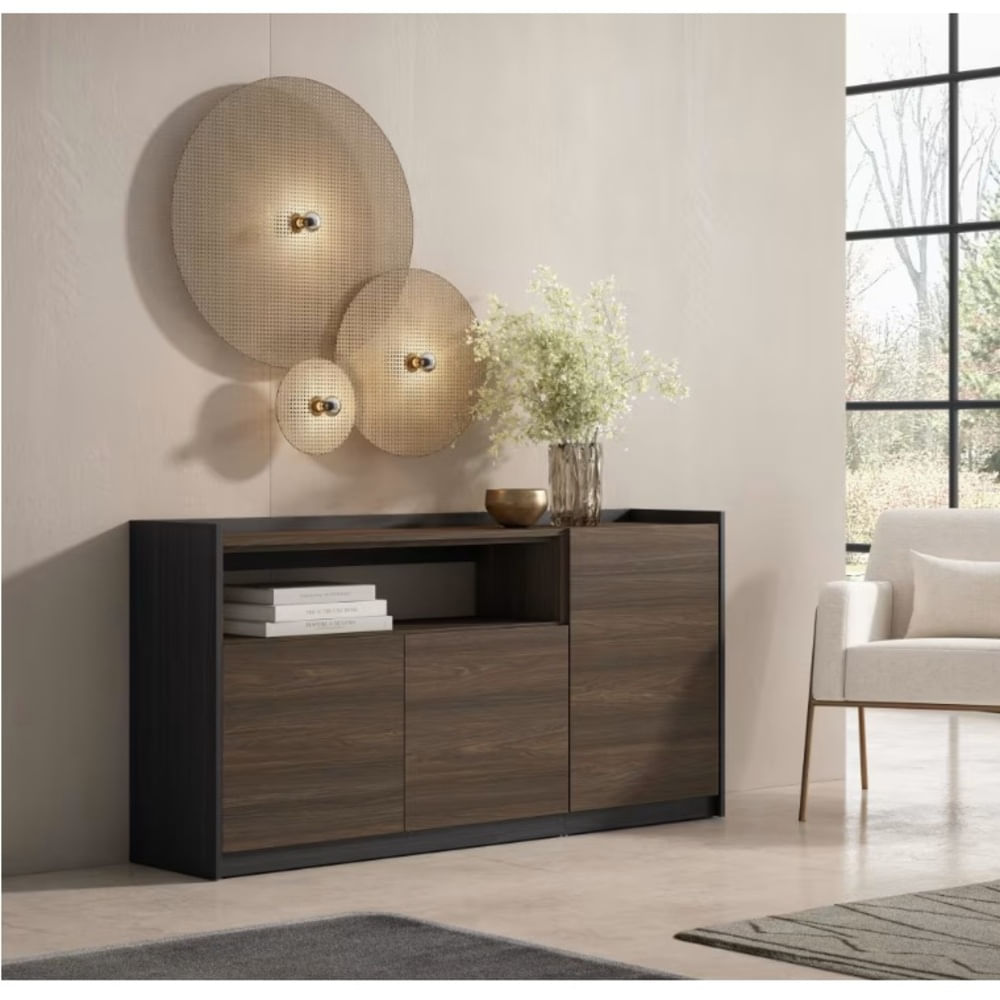 Aparador Moderno Arlon 3 Puertas Negro y Marrón RyR MUEBLES