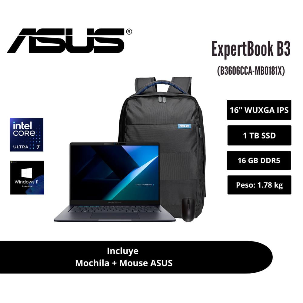 LAPTOP ASUS EXPERTBOOK B3 16 WUXGA IPS CORE ULTRA 7 255H 16GB DDR5 1TB SSD