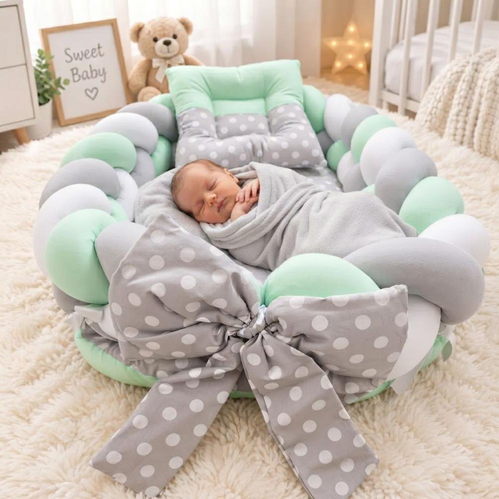Nido Colecho Trenzado Para Bebés Con Almohada - Verde Claro