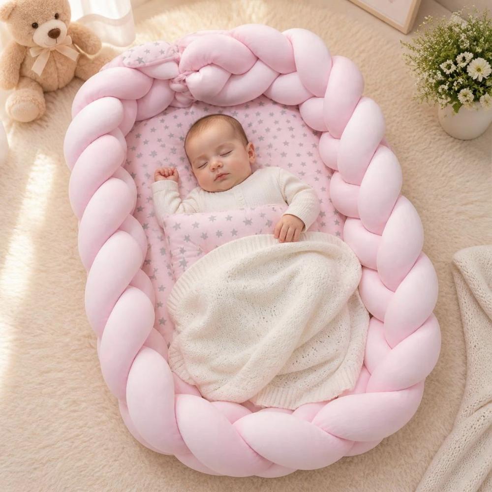 Nido Colecho Trenzado Para Bebés Con Almohada - Rosado entero