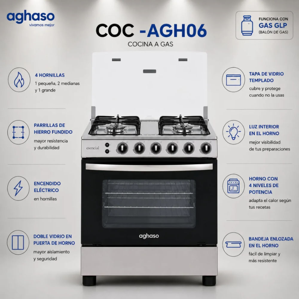COCINA AGHASO GLP 4 HORNILLAS Y PARRILLAS DE HIERRO FUNDIDO COC-AGH06