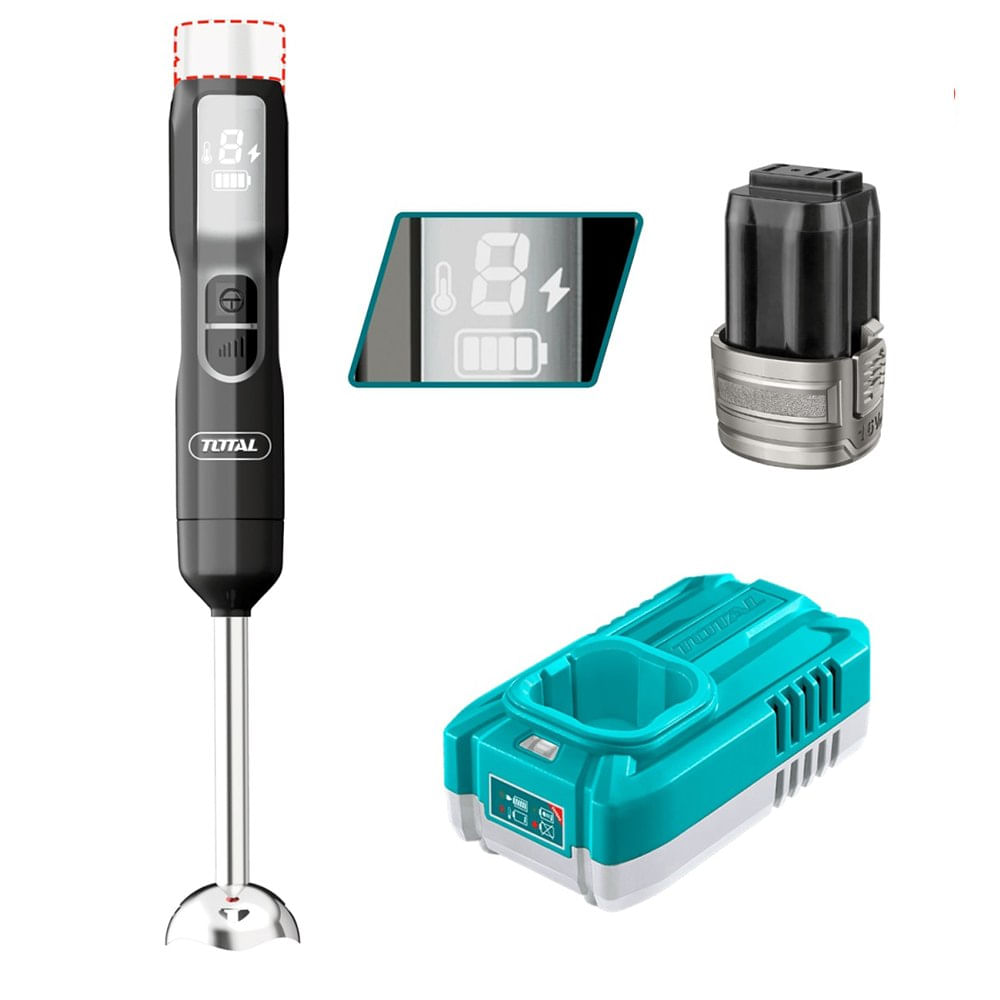 Batidora de Inmersión Inalámbrica TOTAL 16V 100W 5 Velocidades Pantalla LED Eje Acero TJB048K