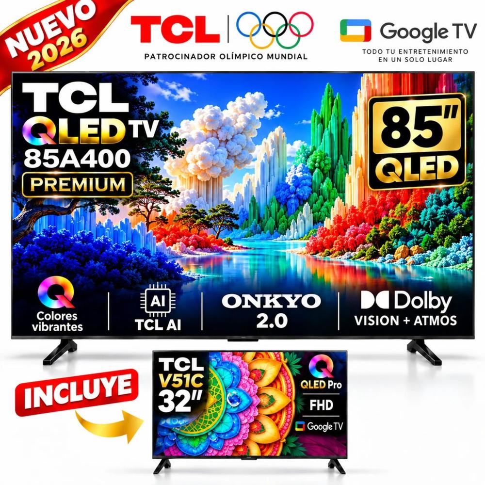 Televisor TCL 85 Qled Premium 85A400 4k Ultra HD Google TV 144 Hz Mas Tv TCL 32'' 32V51C QLED
