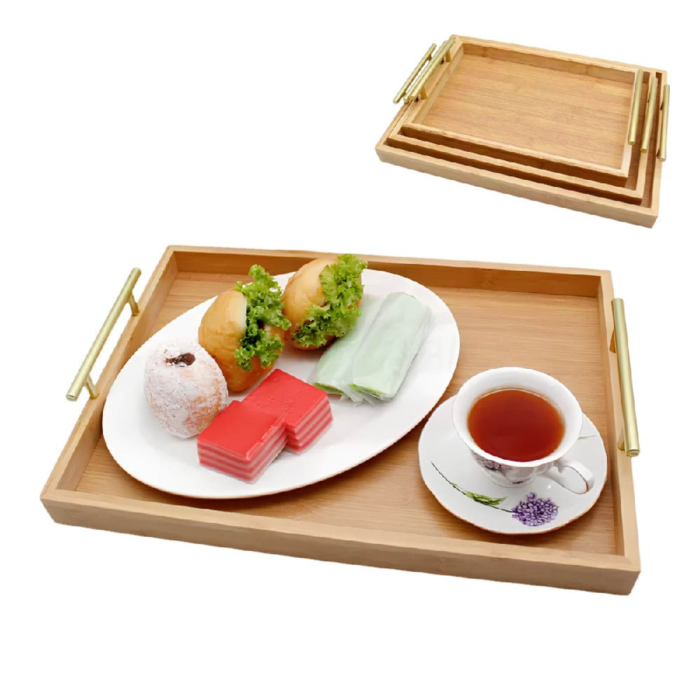 SET DE 3 BANDEJAS CUADRADAS DE BAMBU CON ASAS PARA SERVIR Y ORGANIZAR - COLOR ALEATORIO