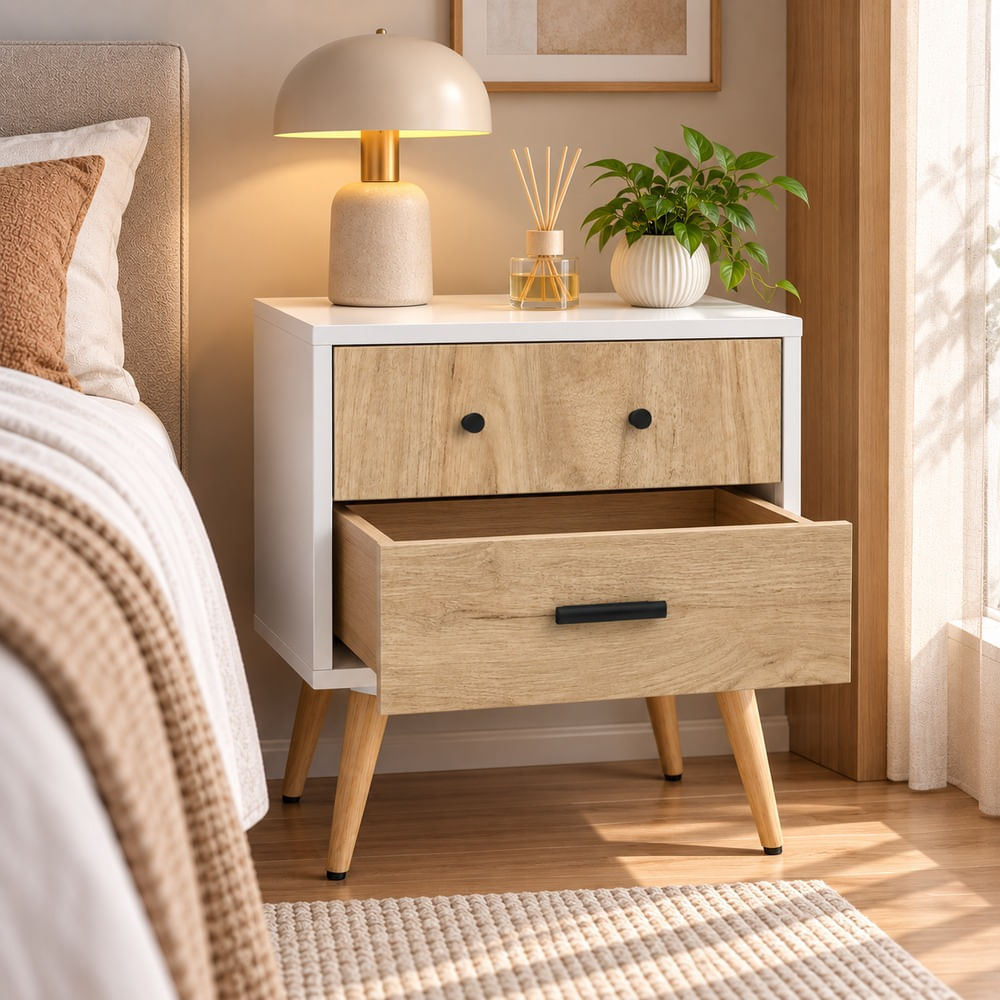 Velador Vintage Bob 2 Cajones Ventitas Home Color Blanco y Duna