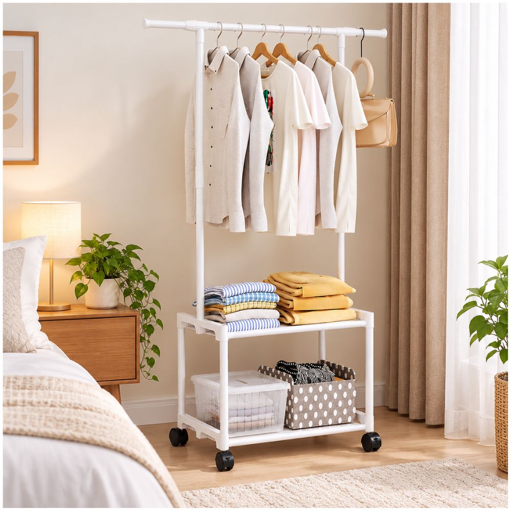 Colgador Organizador de Ropa con Perchero Zapatera y Ruedas 164x94x34cm Blanco