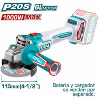Amoladora Angular Inalámbrica Total 20V 115mm Brushless 1000W Max Sin Batería Ni cargador