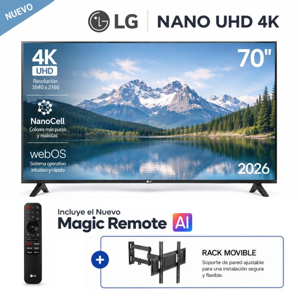 Televisor LG LED 70 Pulg UHD 4K ThinQ AI 70NU850BPSD y Rack Movible