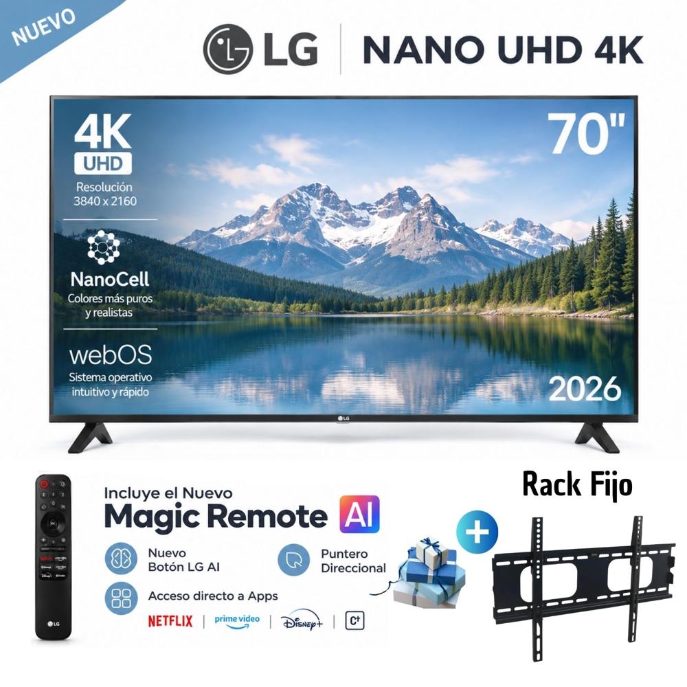 Televisor LG LED 70 Pulg UHD 4K ThinQ AI 70NU850BPSD y Rack Fijo