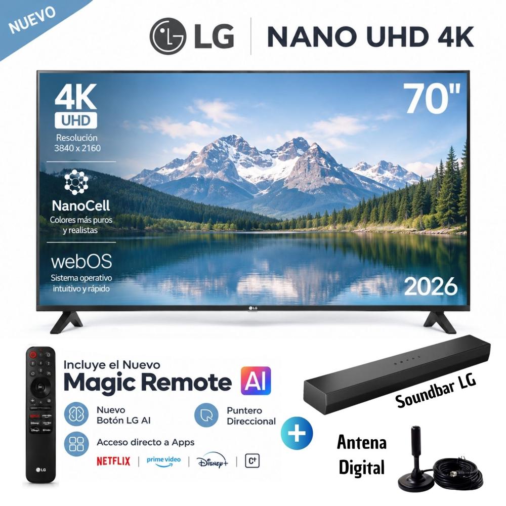 Televisor LG 70 NANO 4K UHD AI Smart TV 70NU850BPSD 2026 con Soundbar LG y Antena Digital