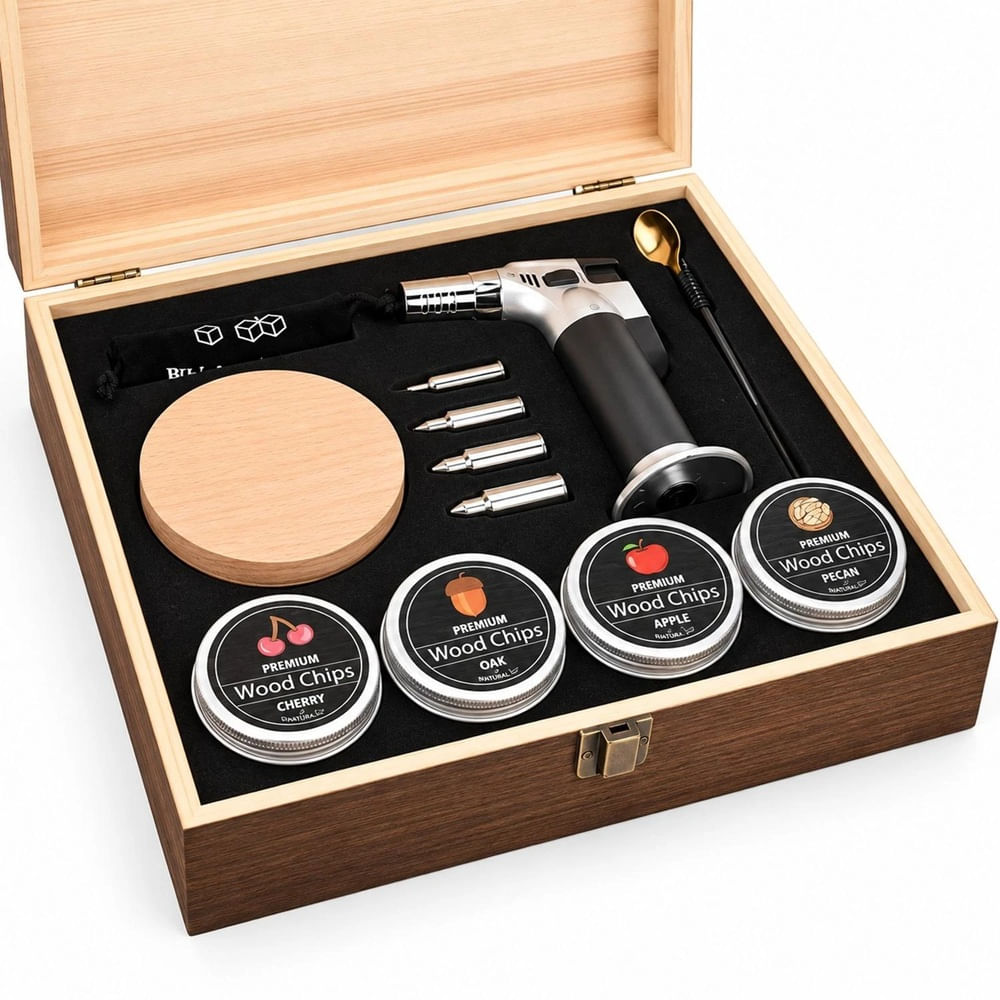 Kit Ahumador de Cocteles con Balas de Acero de Hielo y 4 Chips de Madera Aromáticos