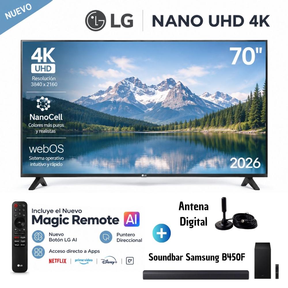 Televisor LG 70 NANO 4K UHD AI Smart TV 70NU850BPSD 2026 con Soundbar Samsung B450F y Antena Digital