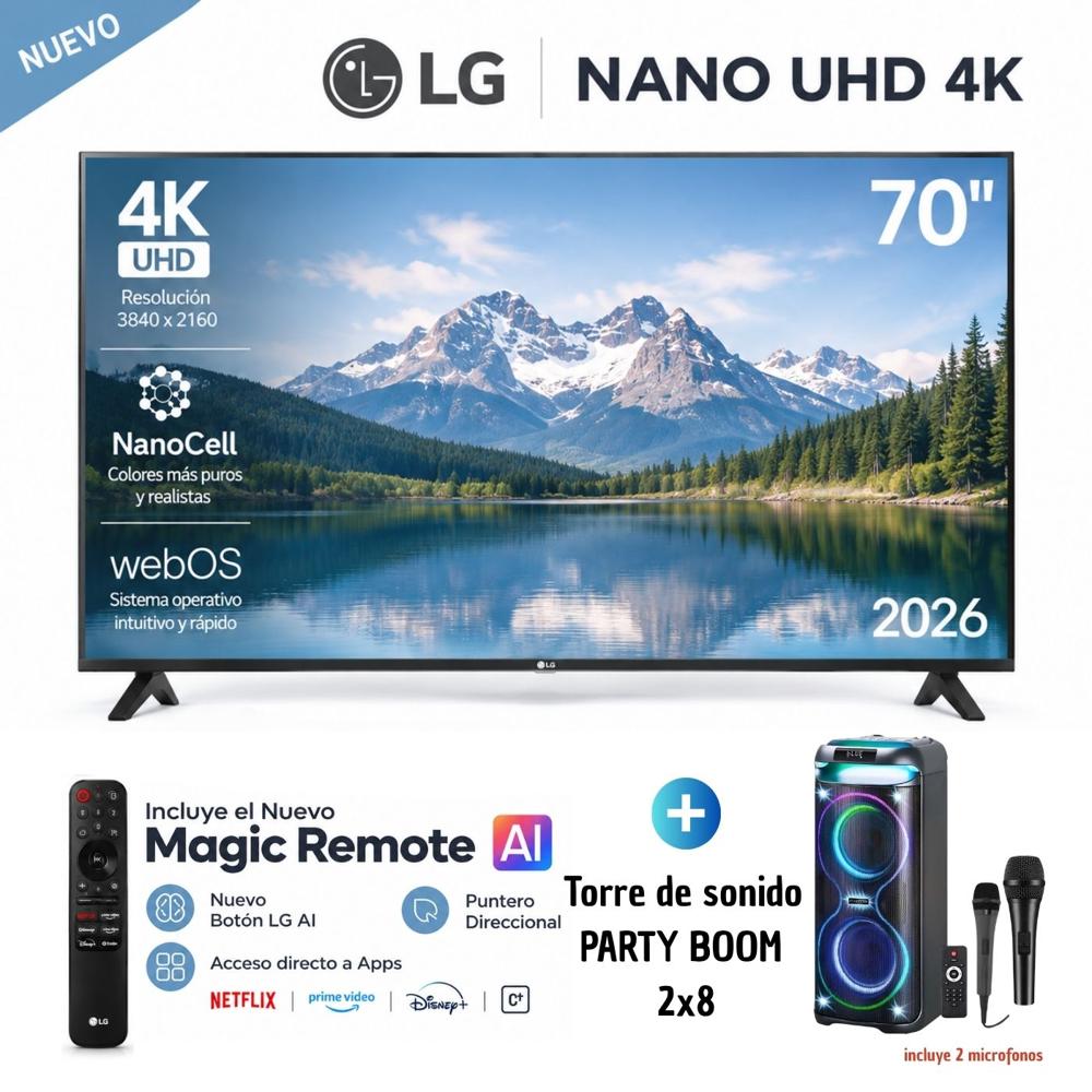 Televisor LG 70 NANO 4K UHD AI Smart TV 70NU850BPSD 2026 y Torre de Sonido 2x8