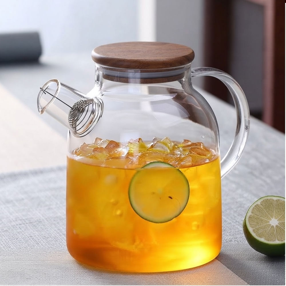 Tetera Infusora de Vidrio Jarra con Tapa de Bambu 1800ml