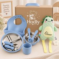 Set Vajilla para Bebé azul 8 Piezas Acero Inoxidable Peluche Dinosaurio