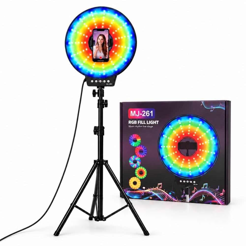 Aro Luz LED RGB MJ-261 de 26cm Modo Música streaming con Trípode de 2m