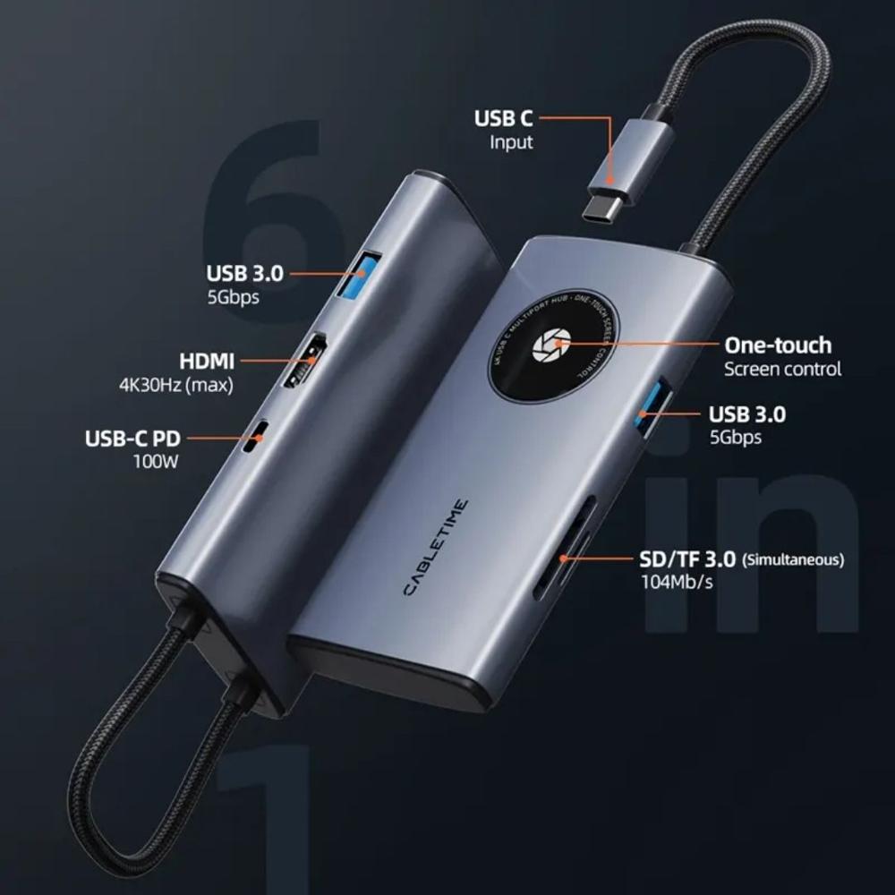 Adaptador Hub de USB-C a VGA, USB-A, SD, TF, PD, RJ-45, AUDIO 3.5 - CABLETIME | CB91G