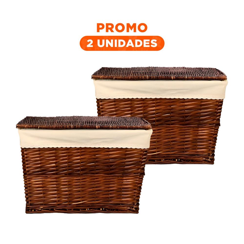 Pack2 Contenedor decorativo de Mimbre Rectangular con Forro Interior y Tapa Marron