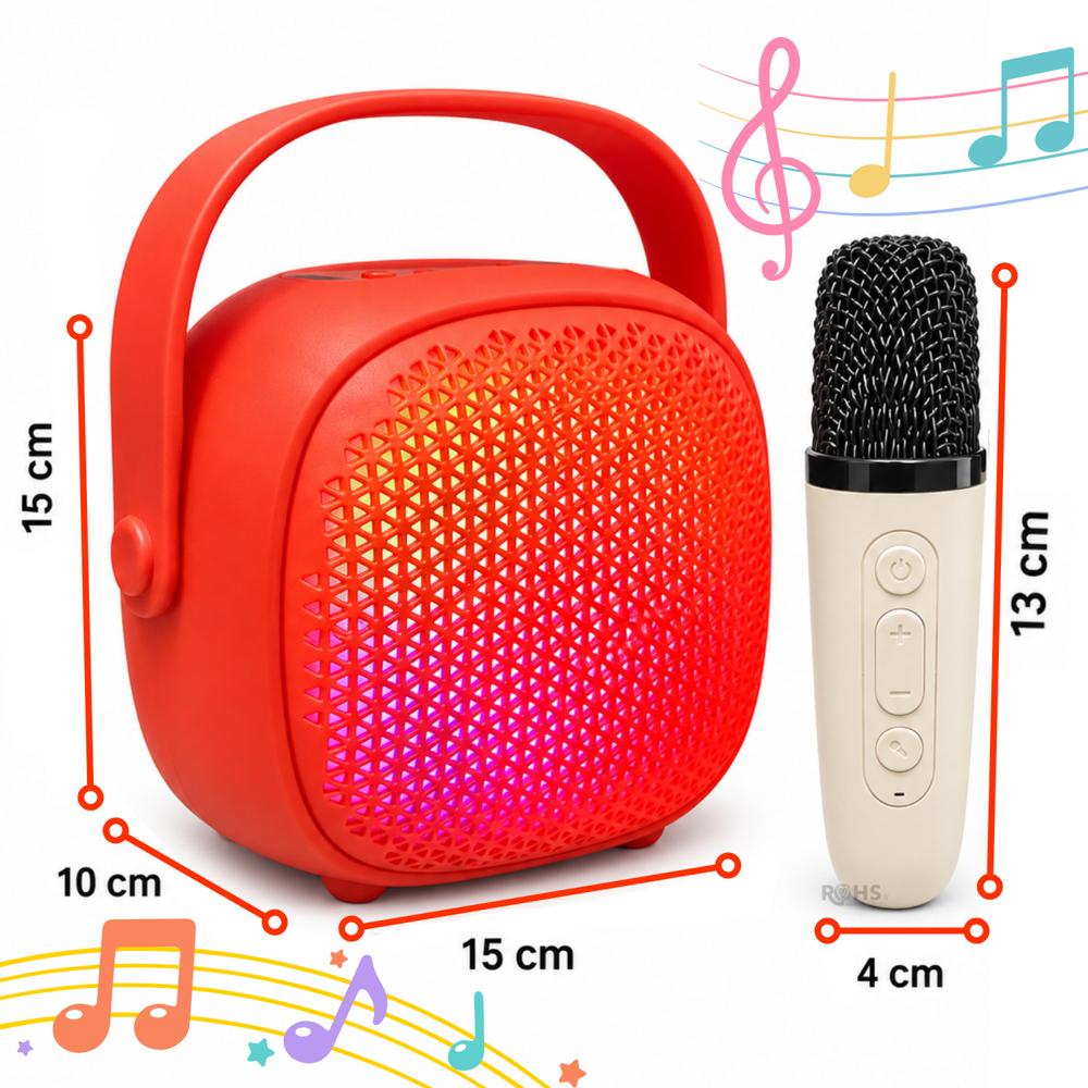 Parlante Karaoke Rojo Portátil Con 2 Micrófonos Inalámbricos Luces LED USB