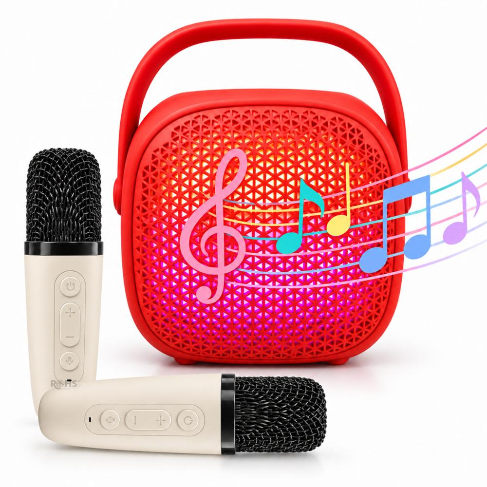 Parlante Karaoke Rojo Portátil Con 2 Micrófonos Inalámbricos Luces LED USB