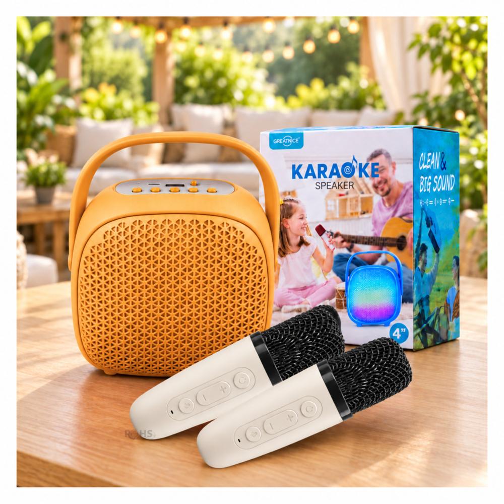 Parlante Karaoke Amarillo Portátil Con 2 Micrófonos Inalámbricos Luces LED USB