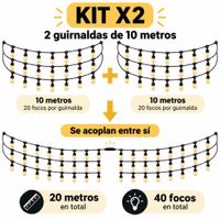 Kit X2 Guirnaldas 10m 20 Focos cada uno Luz Cálida Acoplables a Corriente