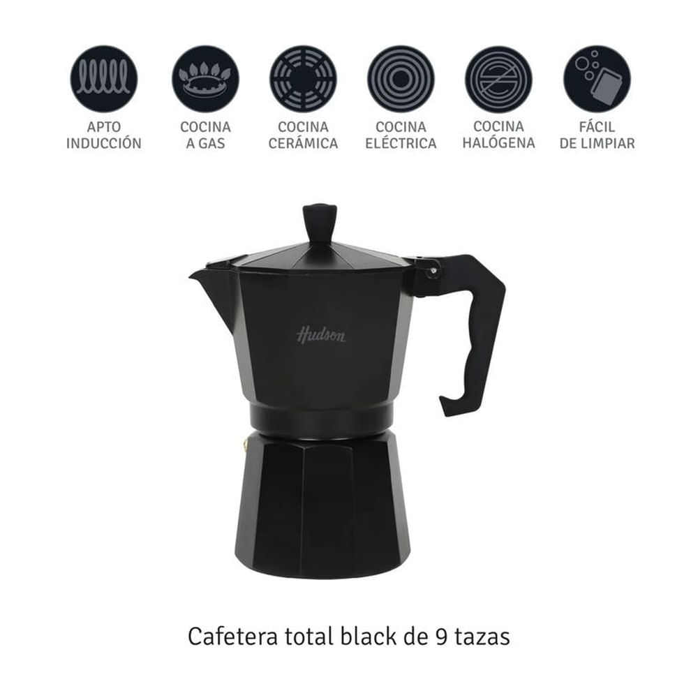 Cafetera Aluminio Negra 9 Tazas Cafe Full Black HUDSON