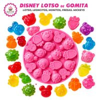 Molde de 18 Gomitas de Disney Lotso Mickeys Leoncitos Monitos y fresas de Silicona para Repostería