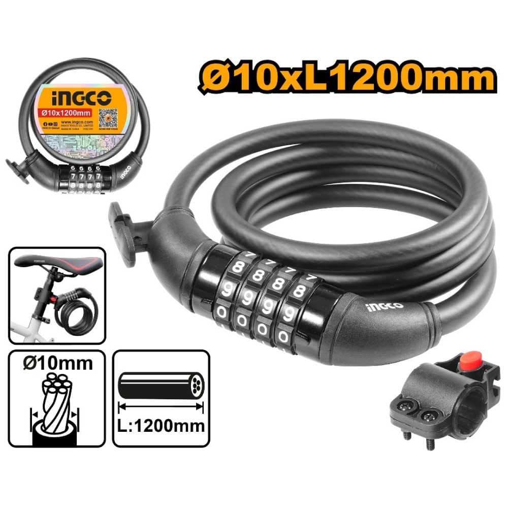 CANDADO CABLE DE ACERO PARA BICICLETA CON COMBINACIÓN INGCO 10X1200MM DBK21012