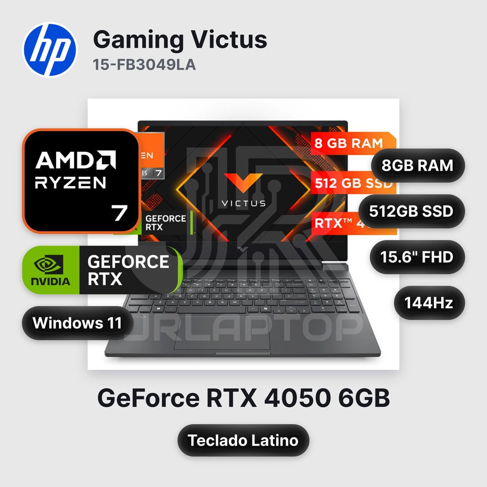 Laptop HP Gaming Victus 15-FB3049LA Ryzen 7-7445HS 8GB 512GB SSD RTX 4050 15.6"" (D53P1LA#ABM)
