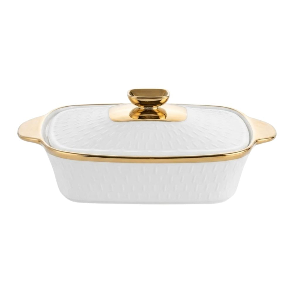 Fuente con Tapa de Ceramica 1.2L con Bordes Dorados