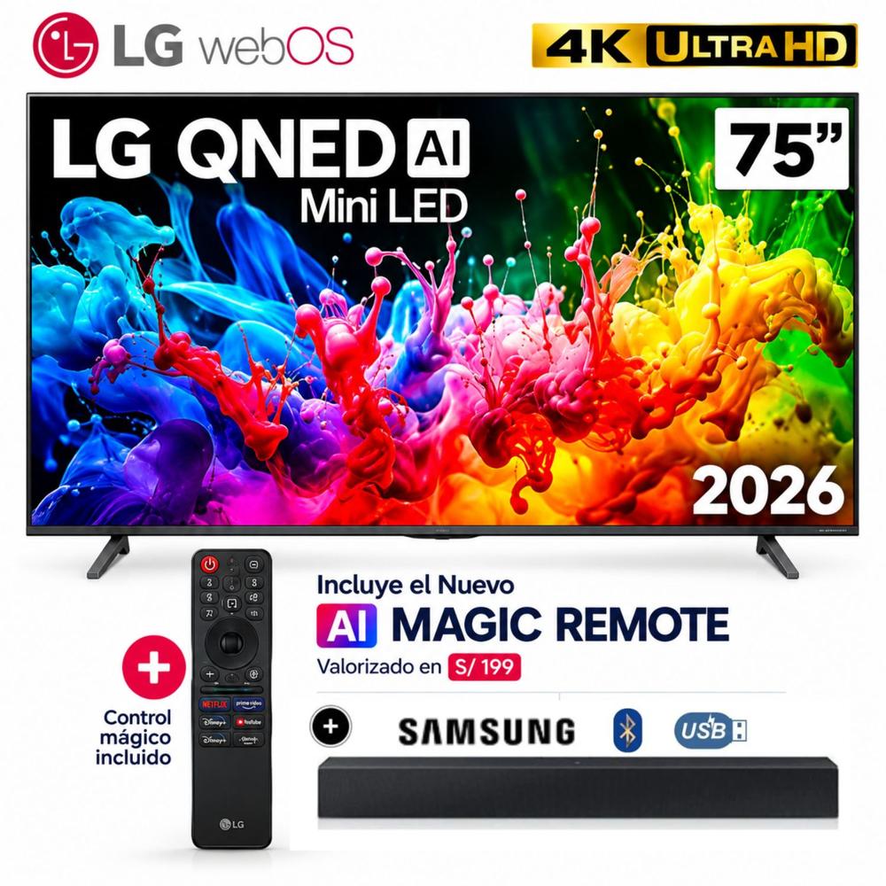 Televisor 75 4K UHD QNED MiniLED Negro LG 75QNED65BSA 2026 - Soundbar Samsung