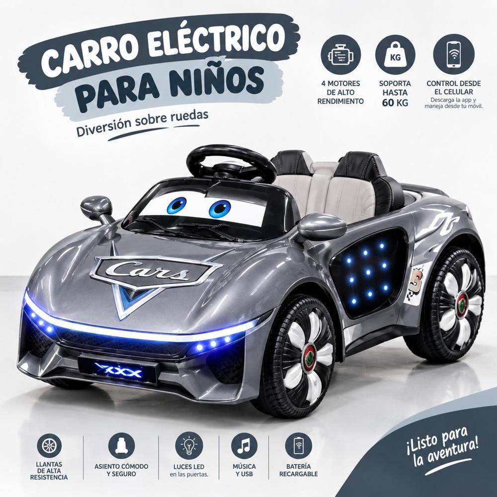 Carro Eléctrico CARS de 4 Motores Plomo con Luces LED y Control App