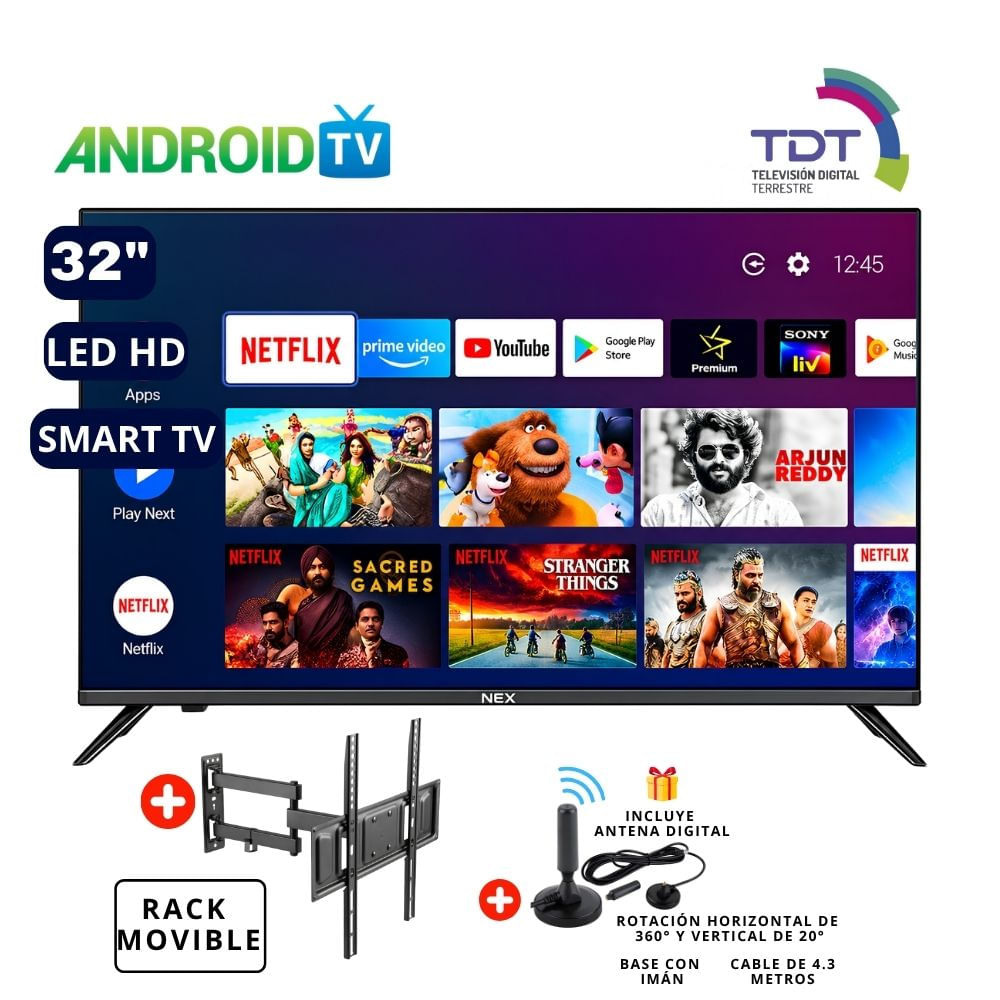Televisor Nex 32 LED HD Smart TV TVLED32S Android TV - Rack Movible