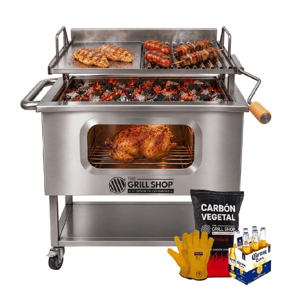 Caja China con Visor y Parrilla Elevadiza Inox Guantes Carbón Cerveza