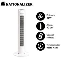 entilador Torre Nationalizer TF80AR con Control Remoto 80Cm Alto 45 Watts Blanco