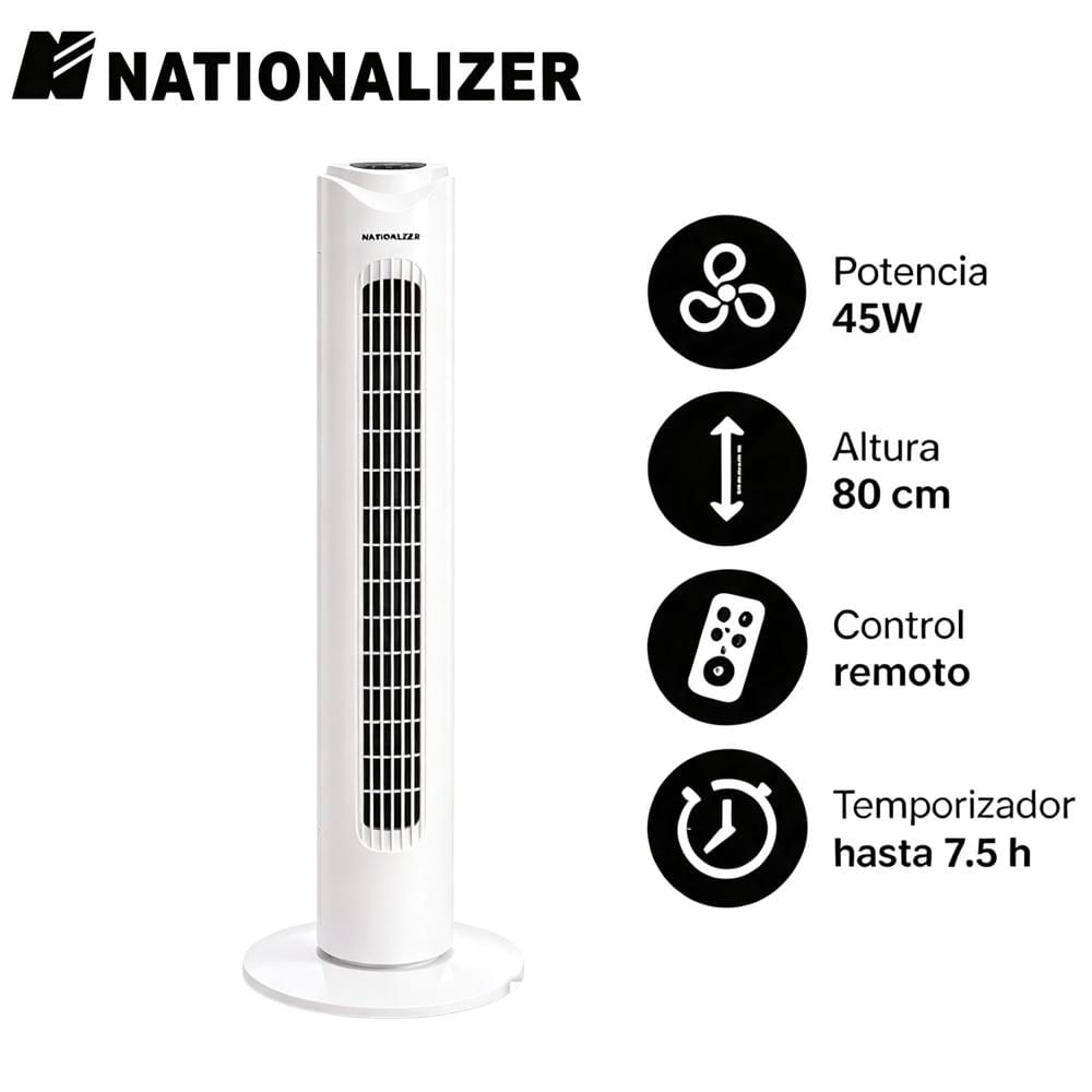 entilador Torre Nationalizer TF80AR con Control Remoto 80Cm Alto 45 Watts Blanco