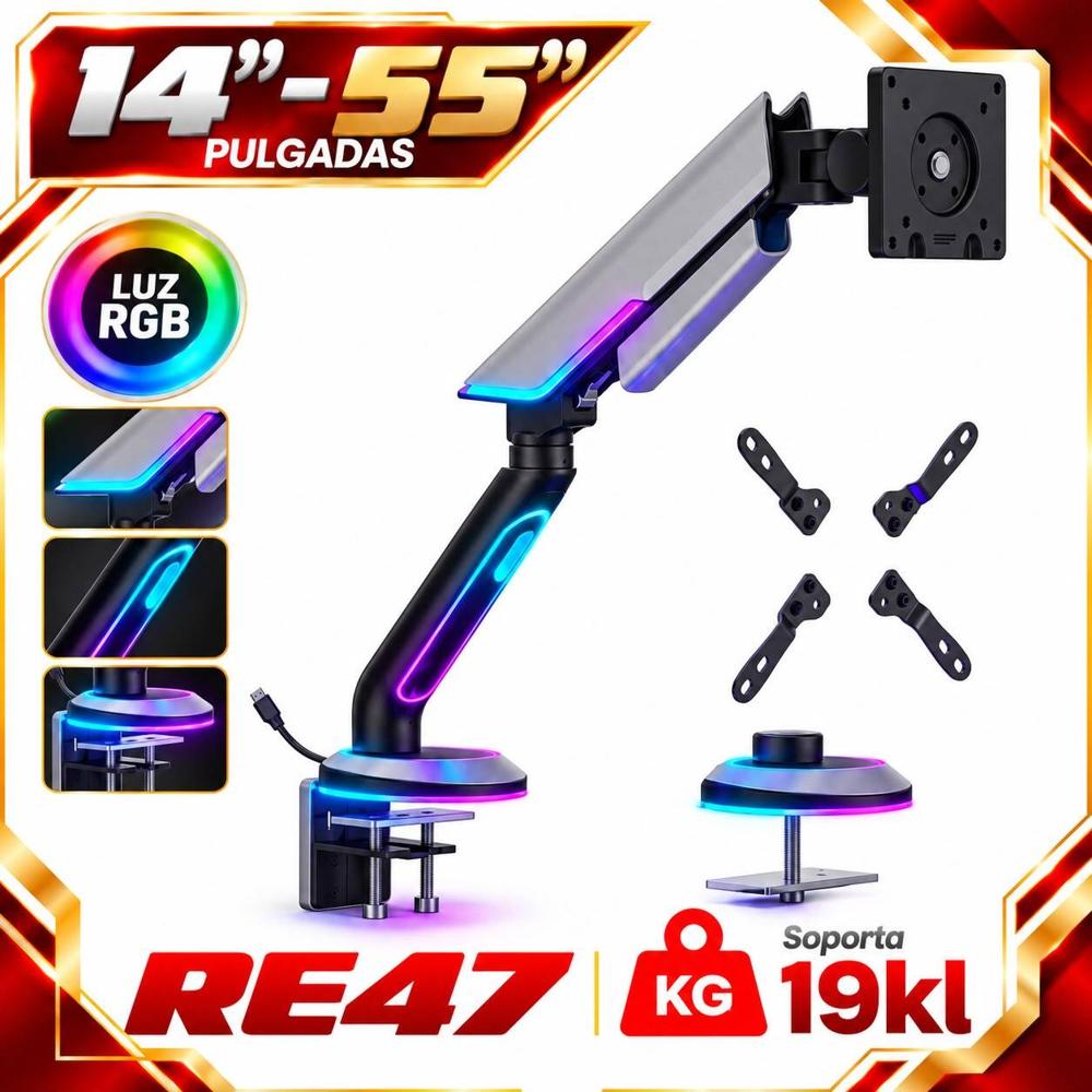 SOPORTE PARA MONITOR GAMER CON LUCES RGB GIRO360 REFORZADO PARA 14 A 55 PULGADAS RE47