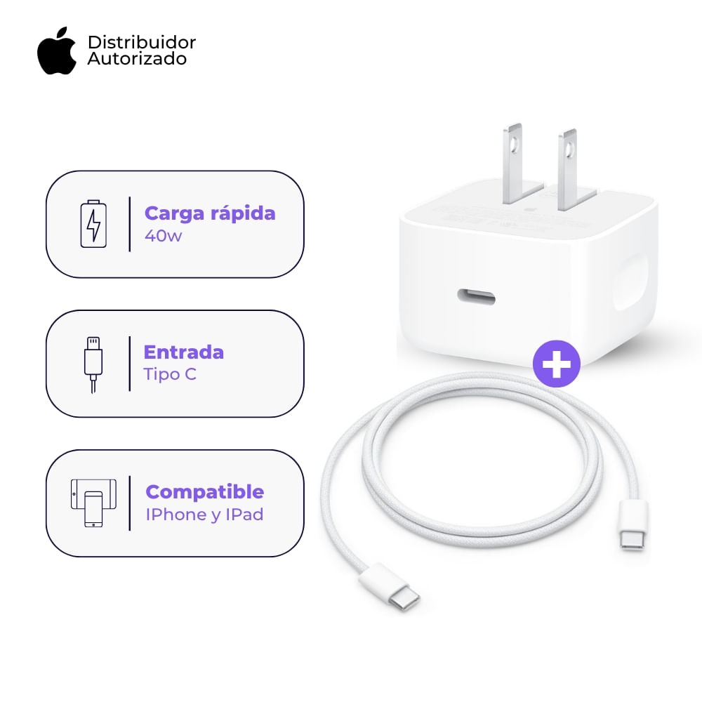 Cargador Apple USB-C 40W y Cable USB-C Trenzado 1 m 60W Blanco