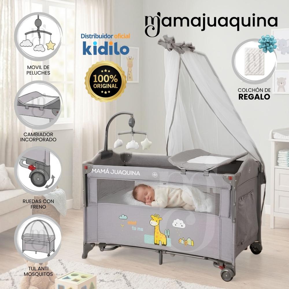 Cuna Colecho Corral BIANCA de Lujo Kidilo Gray con Colchón