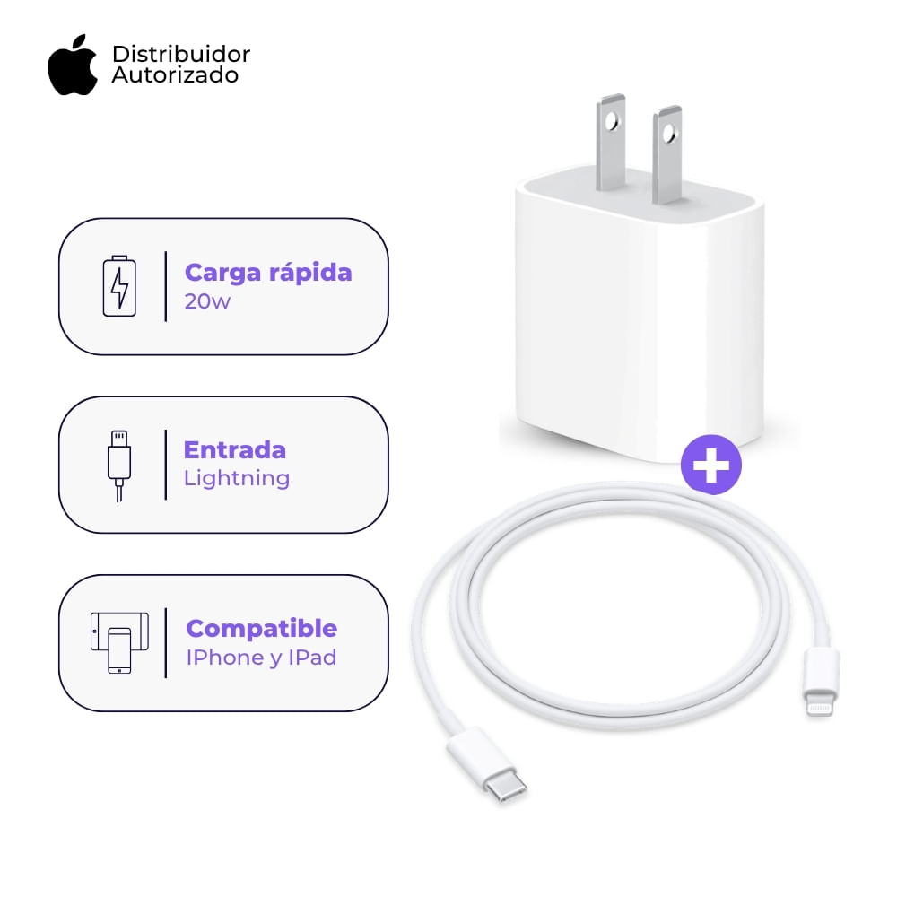 Cargador Apple 20W y Cable USB-C a Lightning 1 m Blanco