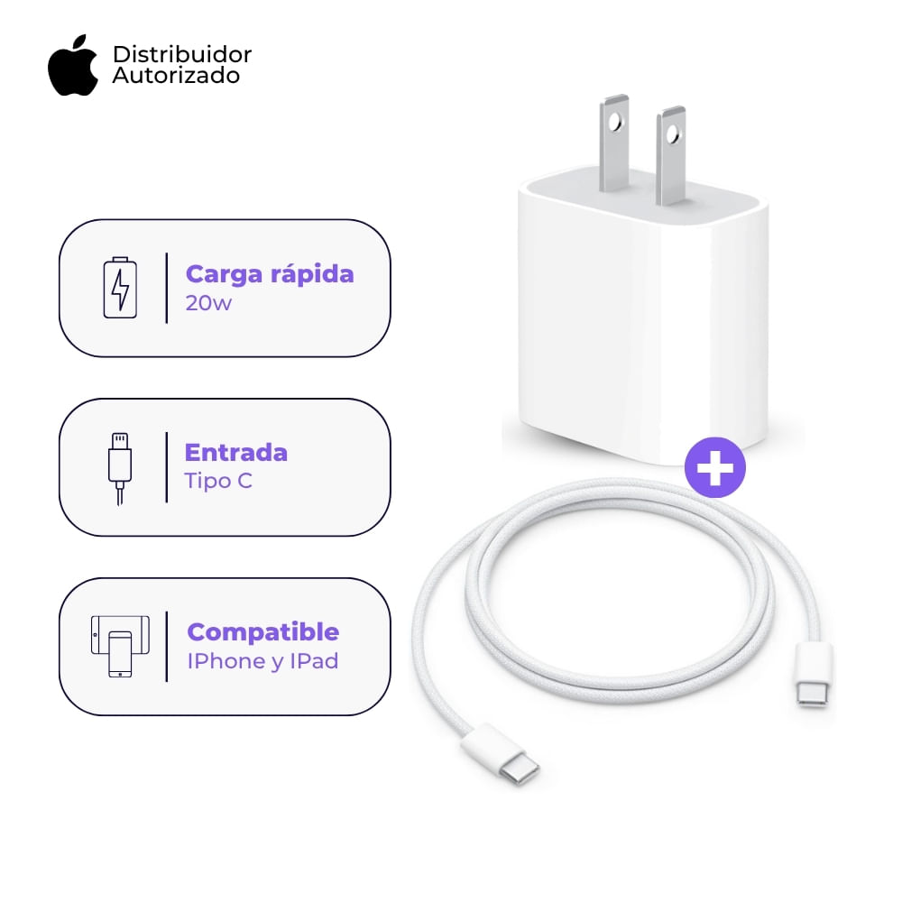 Cargador Apple 20W y Cable USB-C Trenzado 1 m 60W Blanco