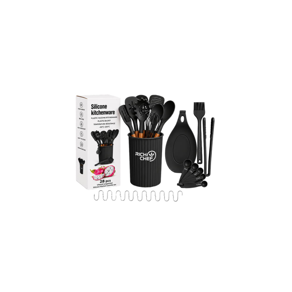 Juego de Utensilios de Cocina 28 Piezas con Organizador Negro