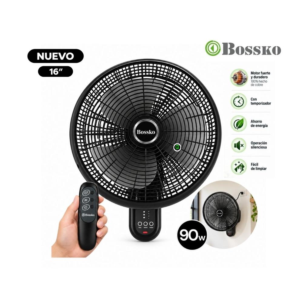 Ventilador de Pared Bossko 16 Pulgadas 90W 3 Velocidades BK-8010PD Negro