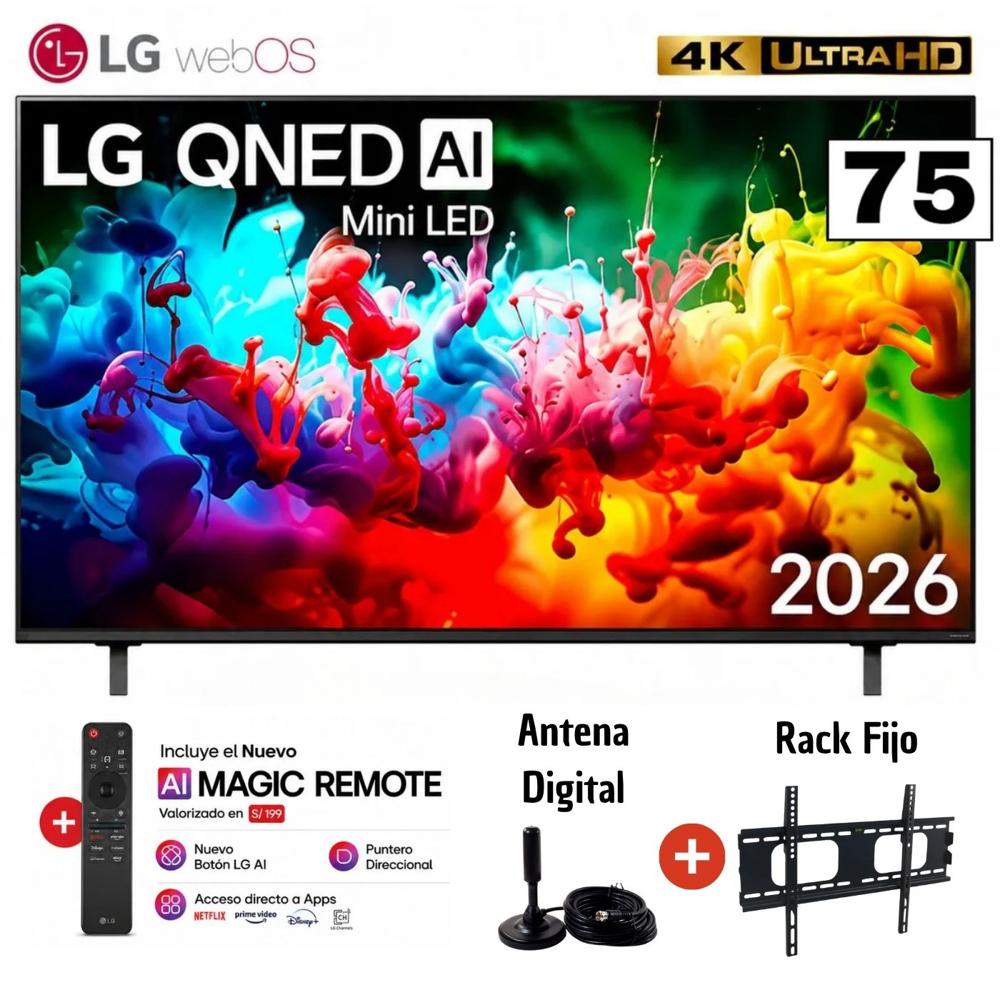 Televisor Smart TV 75'' LG QNED MiniLED UHD 4K WebOS 75QNED65BSA 2026 con Antena y Rack Fijo