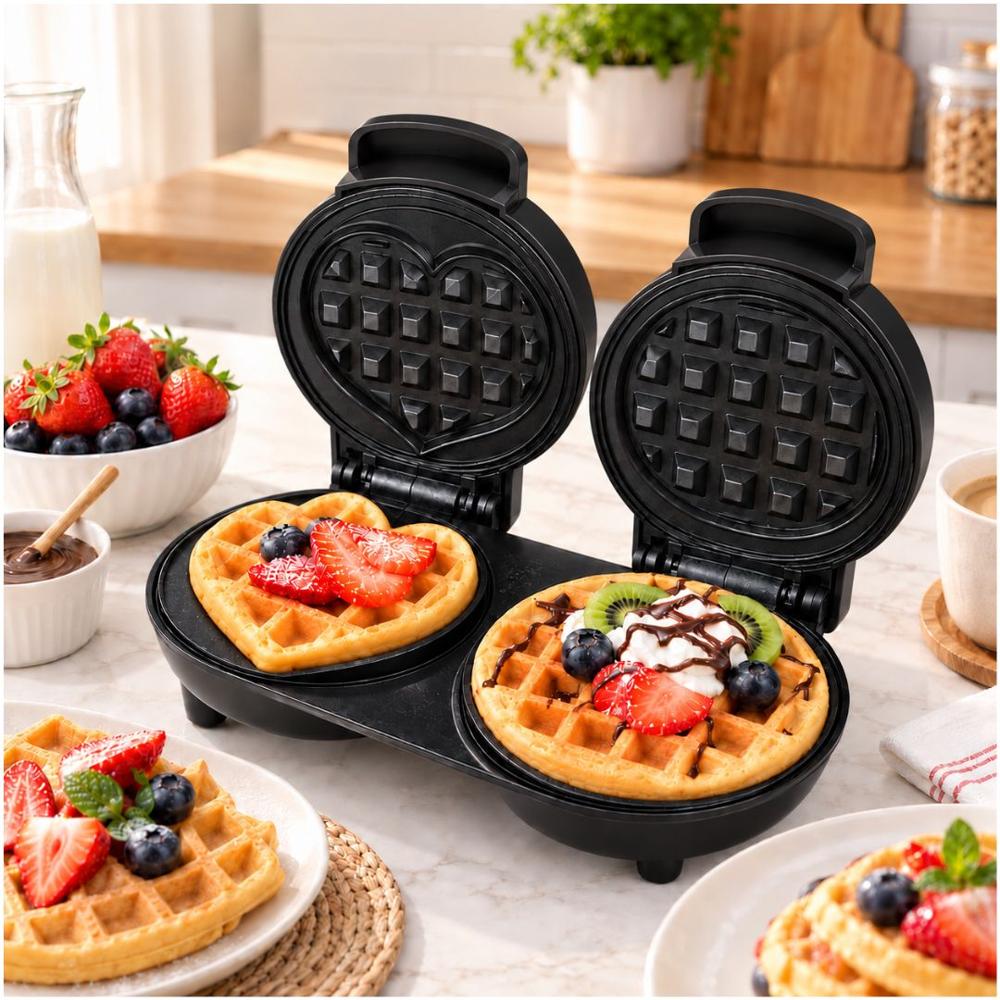 Mini Wafflera Doble Antiadherente Eléctrica Portátil de 640W Negro