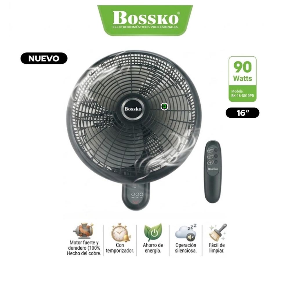 Ventilador de Pared Bossko 16 Pulgadas 90W Silencioso BK-8010PD Negro
